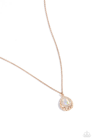 Gracefully Glamorous - Rose Gold - Iridescent Oversized Gem Filigree Paparazzi Short Necklace