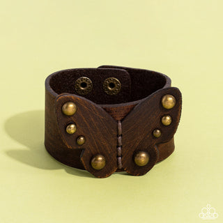 Butterfly Farm - Brass - Studded Brown Leather Paparazzi Wrap Bracelet
