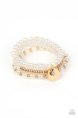 Pearly Professional - Gold - White Pearl Gold Bead and Disc Paparazzi Stretchy Bracelet