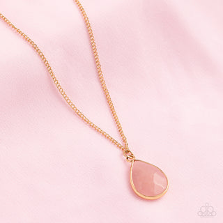 Sparkling Stones - Pink - Rose Quartz Teardrop Stone Gold Frame Paparazzi Short Necklace