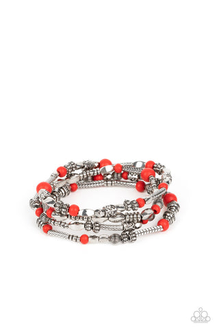 Jungle Jubilee - Red - Wooden and Silver Bead Paparazzi Stretchy Bracelet