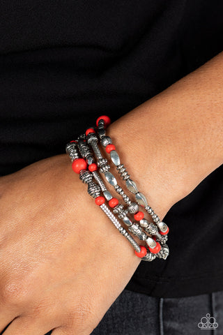 Jungle Jubilee - Red - Wooden and Silver Bead Paparazzi Stretchy Bracelet