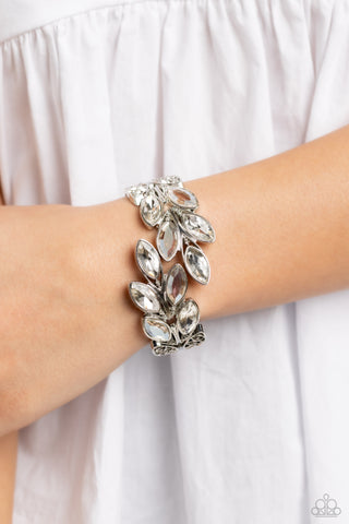 Luminous Laurels - White - Oversized Marquise Cut Gem Leafy Paparazzi Hinge Bracelet