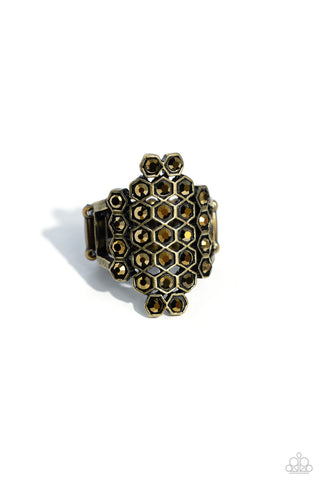 Honeycomb Haute - Brass - Rhinestone Hexagonal Frame Paparazzi Ring