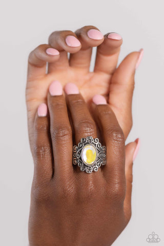 Fairytale Fanatic - Yellow - UV Oval Gem Silver Filigree Paparazzi Ring