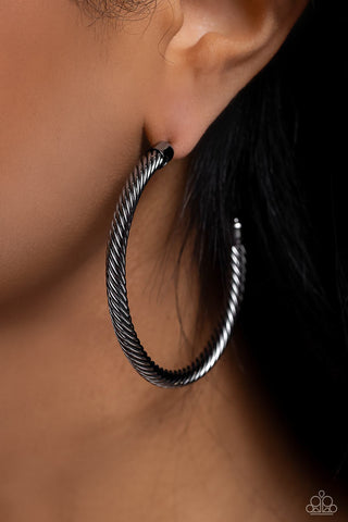 Roped in Radiance - Black - Rope Texture Gunmetal Paparazzi Hoop Earrings