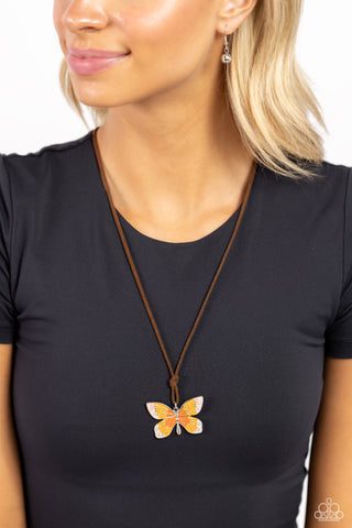 Winged Wanderer - Orange - Ombre Painted Butterfly Paparazzi Cord Necklace