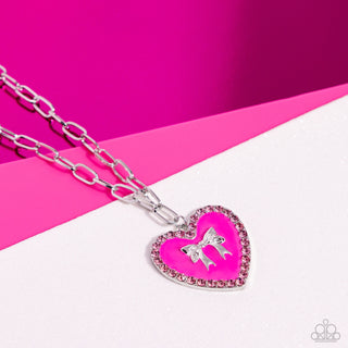 Romantic Gesture - Pink - Rhinestone Encrusted Heart Silver Bow Paparazzi Short Necklace