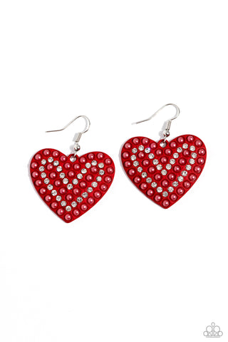 Romantic Reunion - Red - Pearl and White Rhinestone Heart Paparazzi Fishhook Earrings