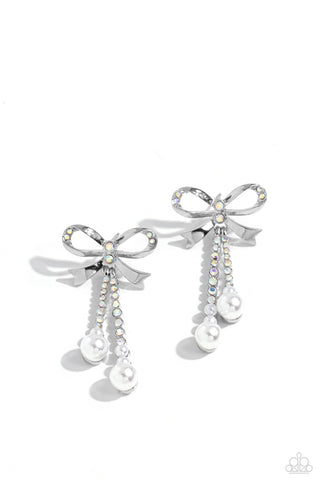 Bodacious Bow - Multi - Iridescent Rhinestone and Pearl Bow Paparazzi Post Earrings