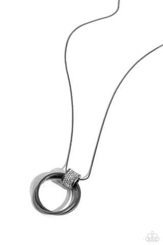 In the Swing of RINGS - Black - White Encrusted Ring Gunmetal Paparazzi Long Necklace