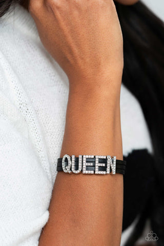 Queen of My Life - Black - White Rhinestone "Queen" Black Leather Paparazzi Magnetic Bracelet - November 2023 Life of the Party Exclusive