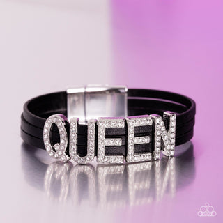 Queen of My Life - Black - White Rhinestone "Queen" Black Leather Paparazzi Magnetic Bracelet - November 2023 Life of the Party Exclusive