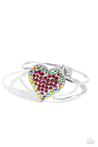 Flirtatious Finale - Red - and Iridescent Rhinestone Oversized Heart Paparazzi Hinge Bracelet