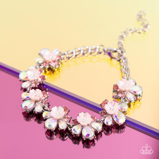 Floral Frenzy - Pink - Iridescent Rhinestone Flower Paparazzi Lobster Claw Bracelet