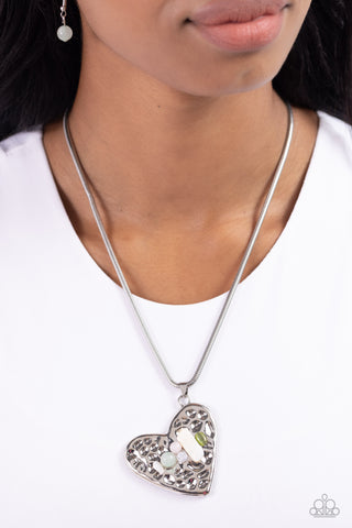 Tilted Trailblazer - Green - Stone and Pearl Encrusted Oversized Hammered Heart Paparazzi Short Necklace