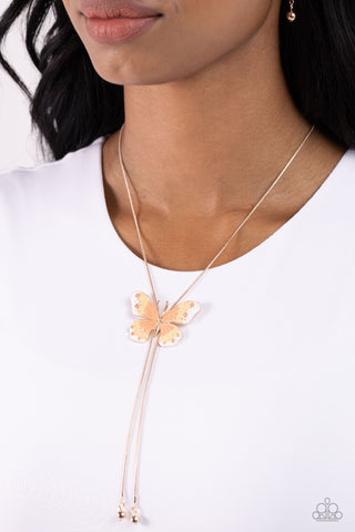 Suspended Shades - Rose Gold - Peach and Yellow Butterfly Bolo Paparazzi Short Necklace