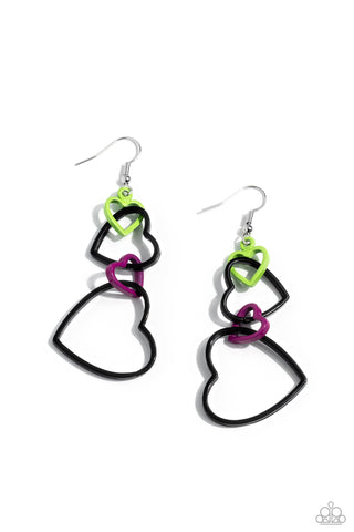 Cascading Crush - Black - Pink, and Green Interlocking Heart Paparazzi Fishhook Earrings