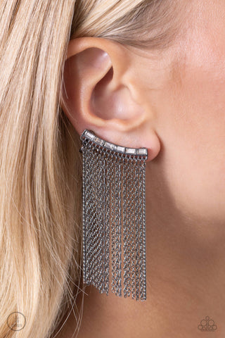 Feuding Fringe - Black - White Gem Gunmetal Chain Paparazzi Ear Crawler Earrings