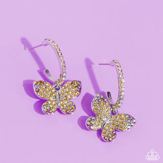 Whimsical Waltz - Yellow - and Iridescent Rhinestone Butterfly Paparazzi Drop Hoop Earrings