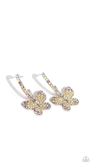 Whimsical Waltz - Yellow - and Iridescent Rhinestone Butterfly Paparazzi Drop Hoop Earrings