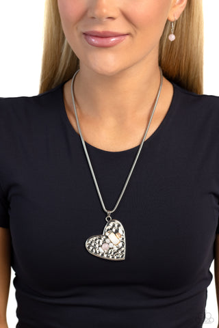 Tilted Trailblazer - Pink - Oversized Pearl and Stone Encrusted Hammered Heart Paparazzi Short Necklace