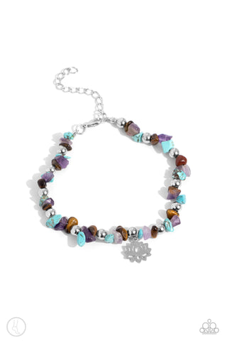 Lotus Landslide - Multi - Turquoise, Amethyst, and Tiger's Eye Stone Silver Flower Paparazzi Anklet
