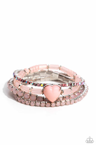 True Loves Theme - Pink - Beaded and Colorful Rhinestone Oversized Heart Paparazzi Stretchy Bracelet - February 2024 Life of the Party Exclusive