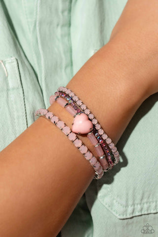 True Loves Theme - Pink - Beaded and Colorful Rhinestone Oversized Heart Paparazzi Stretchy Bracelet - February 2024 Life of the Party Exclusive