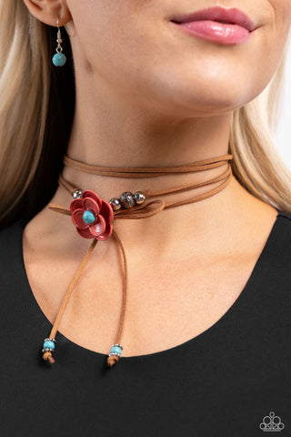 Wanderlust Wrap - Blue - Stone Bead Center Flower Brown Suede Paparazzi Necklace