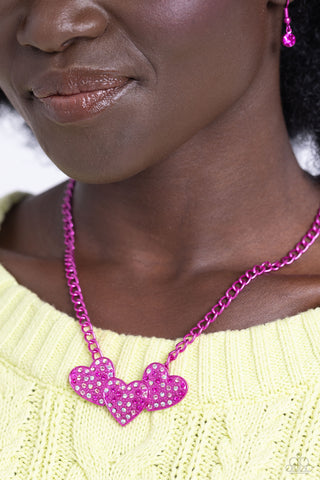 Low-Key Lovestruck - Pink - and Iridescent Rhinestone Encrusted Heart Metallic Paparazzi Short Necklace