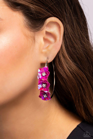 Ethereal Embellishment - Pink - Iridescent Sequin Flower Paparazzi Hoop Earrings