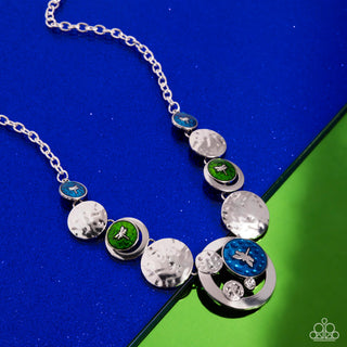 Dragonfly Design - Multi - Green and Blue Painted Silver Hammered Disc Paparazzi Short Necklace