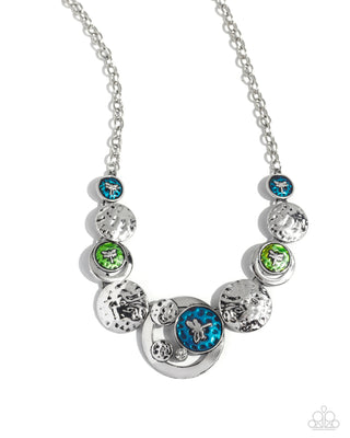 Dragonfly Design - Multi - Green and Blue Painted Silver Hammered Disc Paparazzi Short Necklace
