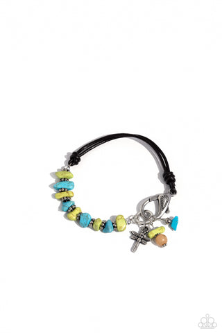 Daring Dragonfly - Green - and Turquoise Stone Flower Bead Leather Paparazzi Lobster Claw Bracelet