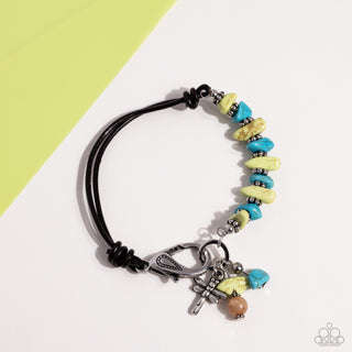 Daring Dragonfly - Green - and Turquoise Stone Flower Bead Leather Paparazzi Lobster Claw Bracelet