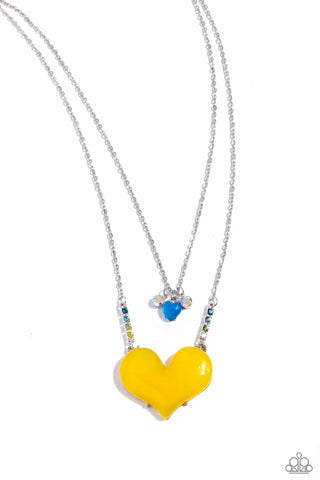 Heart-Racing Recognition - Yellow - Oversized Acrylic Heart Tiered Paparazzi Short Necklace