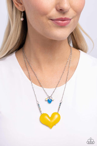 Heart-Racing Recognition - Yellow - Oversized Acrylic Heart Tiered Paparazzi Short Necklace