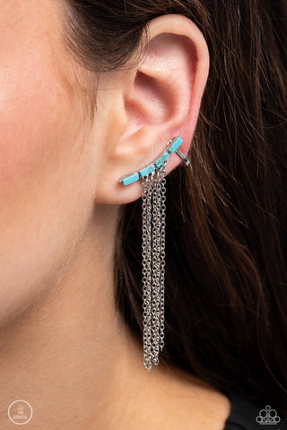 Fault Line Fringe - Blue - Turquoise Stone Chain Fringe Paparazzi Ear Crawler Earrings