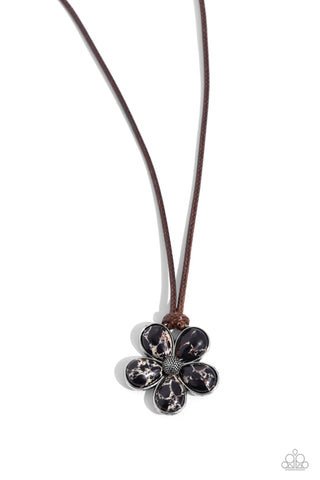 Budding Badlands - Black - Marbled Stone Flower Brown Cord Paparazzi Short Necklace