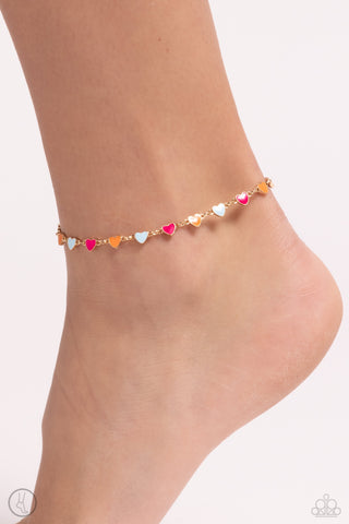 Dancing Delight - Gold - Pink, Orange, and Blue Heart Paparazzi Anklet