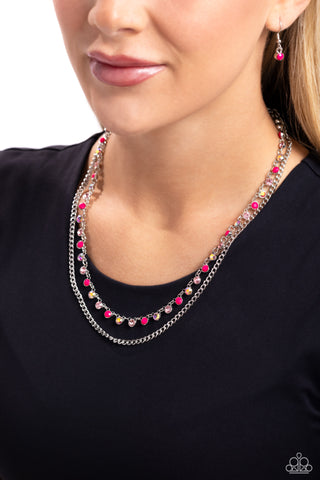 Delicate Dame - Pink - and Iridescent Rhinestone and Bead Tiered Paparazzi Short Necklace