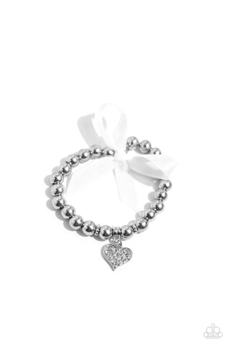 Prim and Pretty - Silver - Iridescent Pearl Filigree Heart Charm White Ribbon Paparazzi Stretchy Bracelet