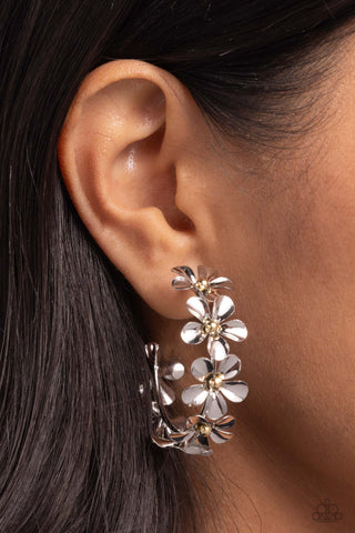 Floral Flamenco - Silver - Gold Beaded Center Flower Paparazzi Hoop Earrings