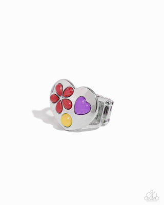 Spirited Shapes - Red - Purple, and Yellow Bead Silver Heart Paparazzi Ring