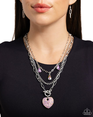 HEART History - Purple - Iridescent Rhinestone Encrusted Heart Tiered Paparazzi Short Necklace