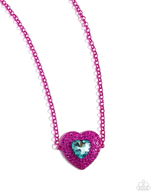 Locket Leisure - Pink - Metallic Heart with Blue Gem Center Paparazzi Short Necklace