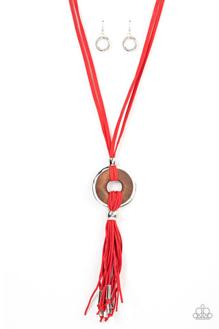 ARTISANS and Crafts - Red - Suede Cord Wooden Disc Paparazzi Long Necklace