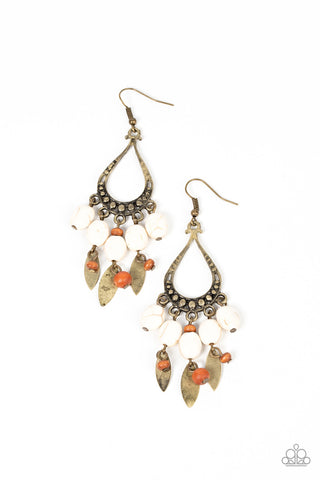 Adobe Air - Brass - White Stone and Wooden Bead Paparazzi Fishhook Earrings