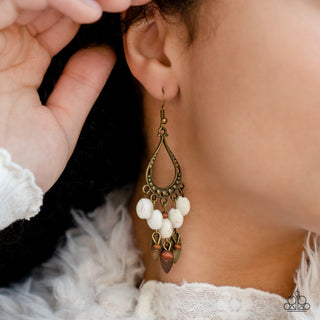 Adobe Air - Brass - White Stone and Wooden Bead Paparazzi Fishhook Earrings